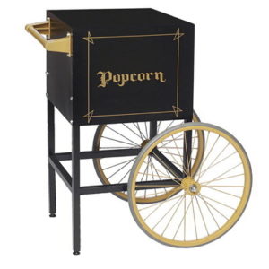 Black popcorn cart with gold writing