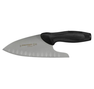 chef knife with elongated blade and black plastic handle