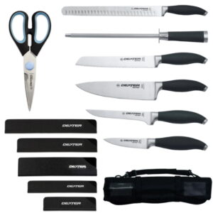 set of five knives with honing steel, kitchen shears, sheaths, and bag