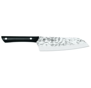 santoku knife with hammered finish and riveted black plastic handle