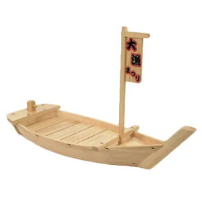 wooden sushi display resembling a boat