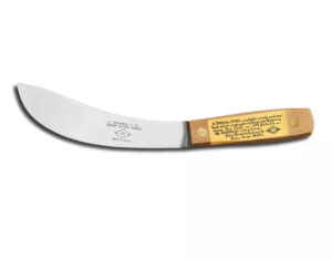 curved butcher knife with riveted wood handle and no bolster