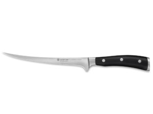 flexible fillet knife with curved blade and black riveted handle