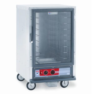 half-size hot holding cabinet with glass door and casters