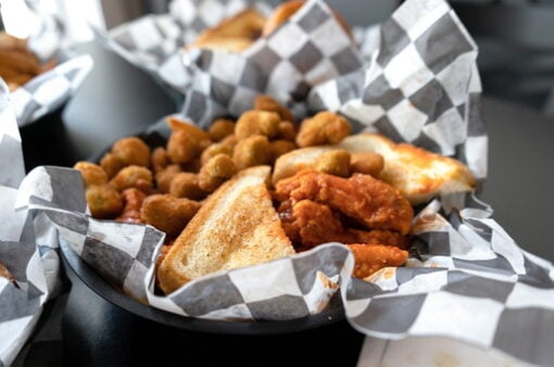 Hot wings and fried okra basket at Soul Good, Knoxville, TN