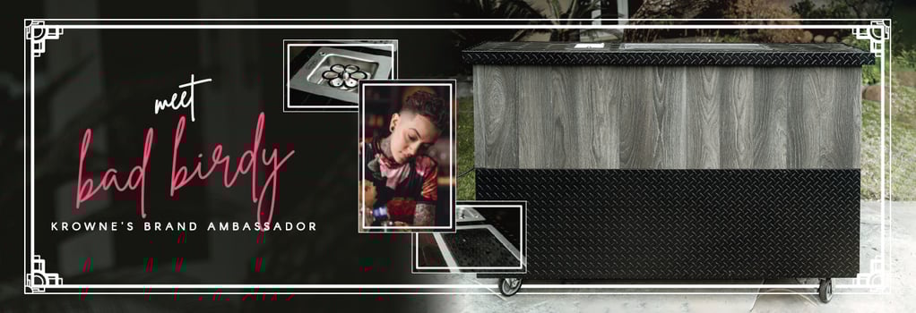Banner text: Meet Bad Birdy, Krowne's Brand Ambassador. Image of mobile bar station.