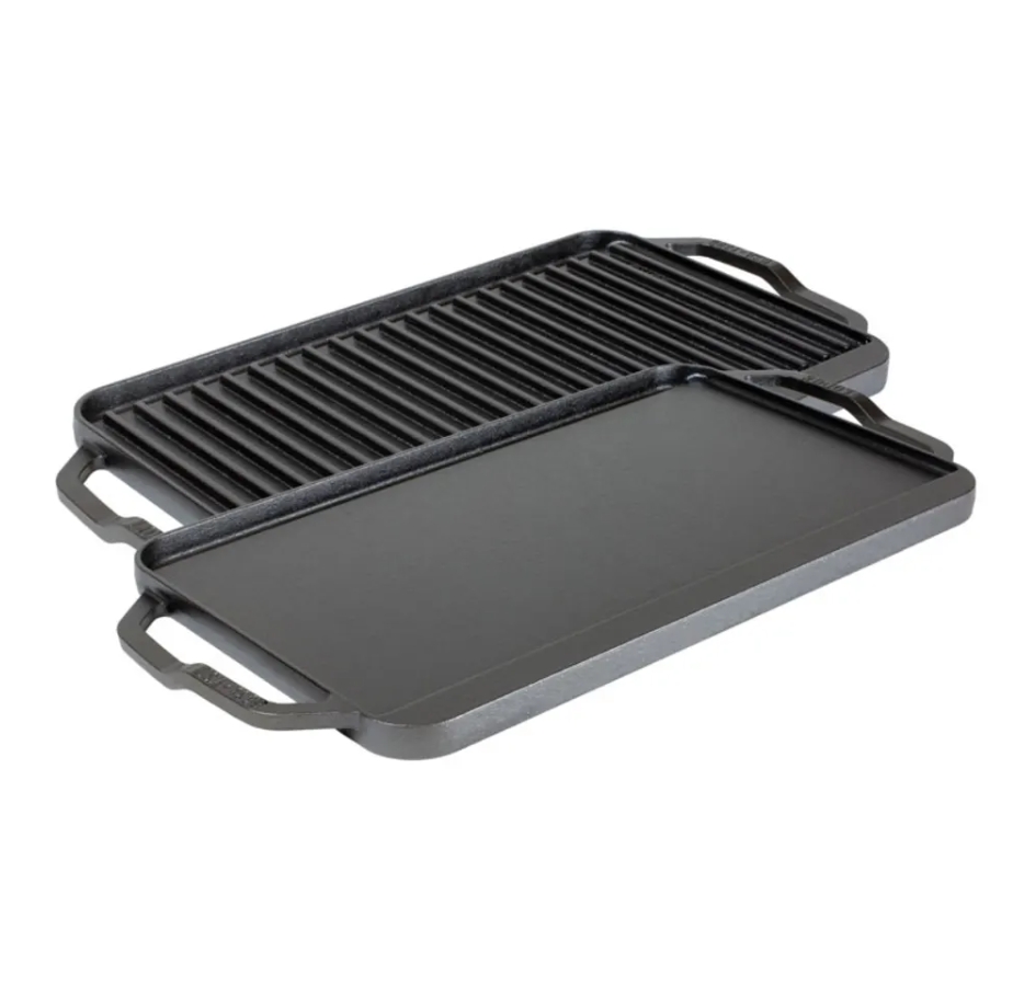 Image: A Lodge reversible cast iron grill-griddle pan is displayed against a white background